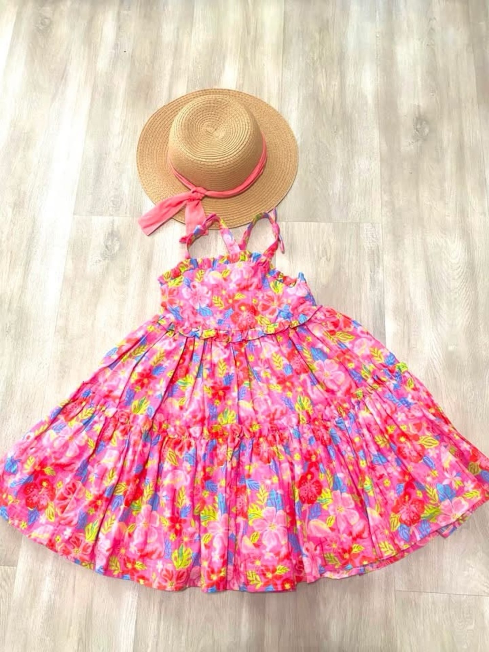 Girls Pink Floral Sundress with Spaghetti Straps